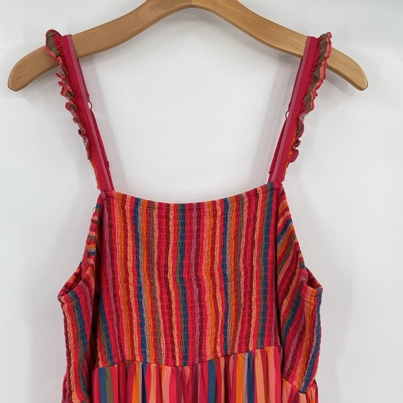 Torrid Midi Challis Striped Dress Womens Size 4 4X Pink Blue Smocked Tiered - Picture 3 of 16